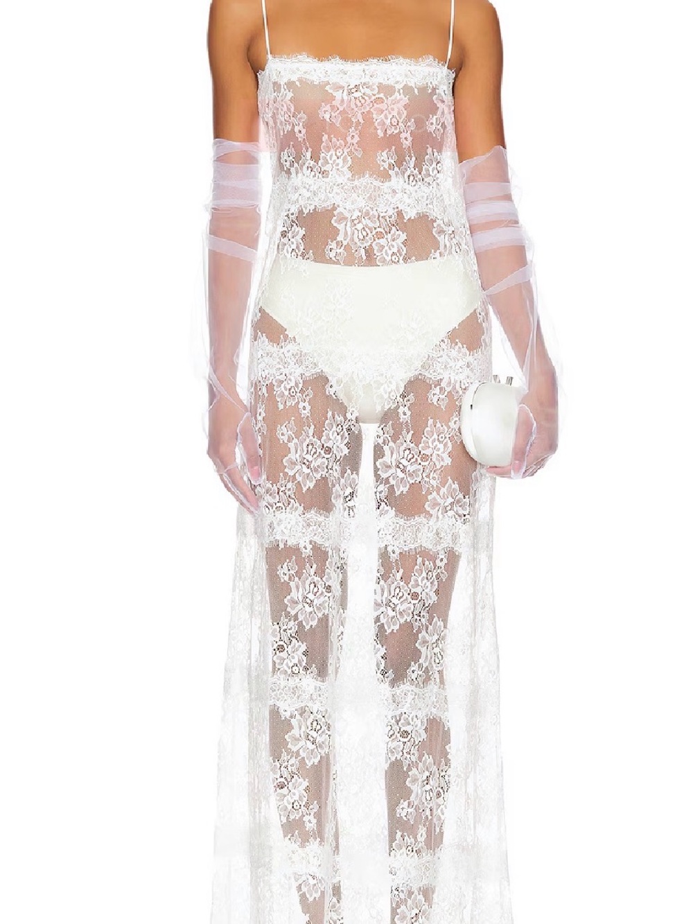 Lovers + Friends White Sheer Lace Maxi Slip with Spaghetti Straps